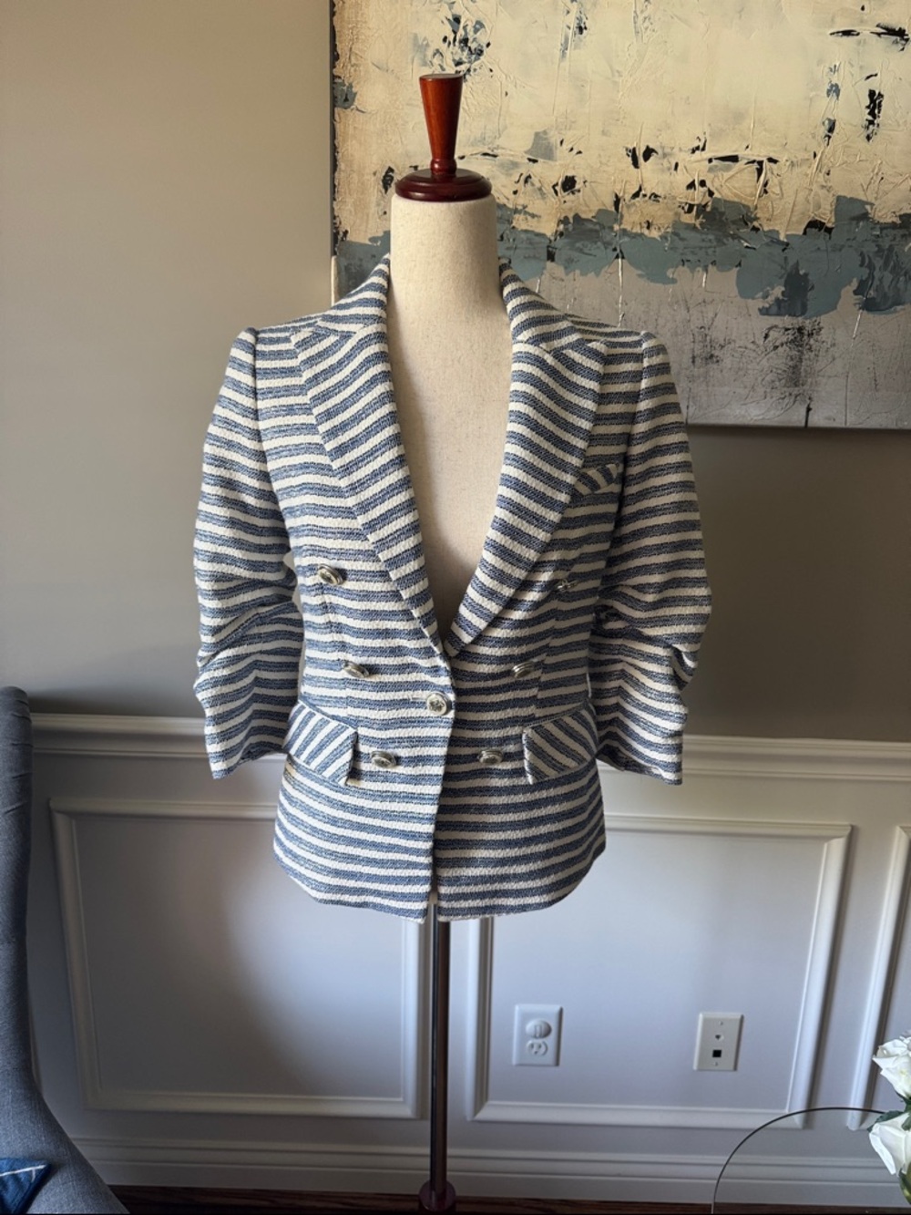 Veronica Beard Ryland Striped Blue & White Double-Breasted Women's Blazer Size 0